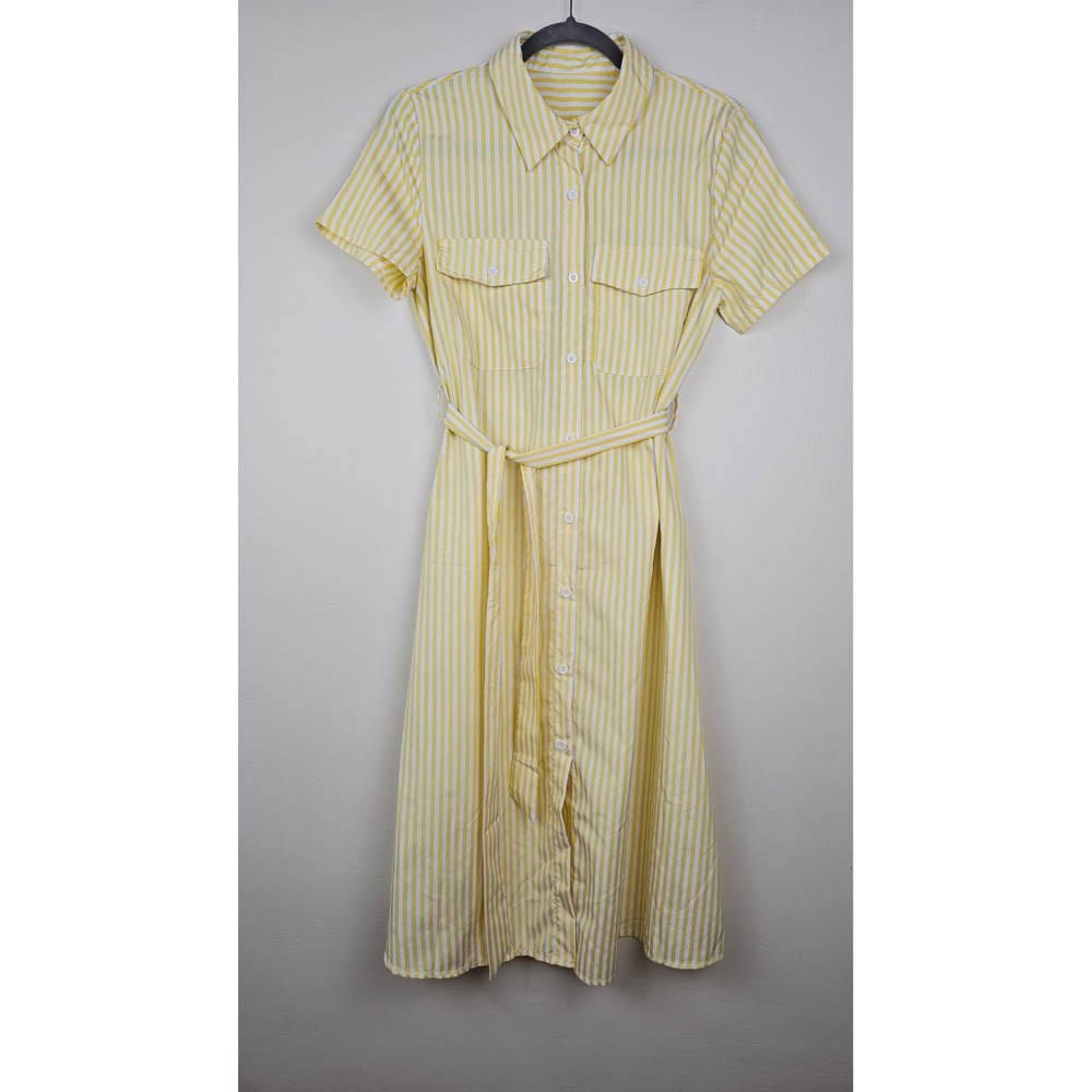 Shirt Dress Women S Yellow Striped Button Up Belted Midi Casual